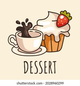 Morning breakfast dessert cup of coffee and cupcake isolated logo sticker design element