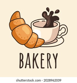 Morning breakfast dessert cup of coffee and croissant isolated logo sticker design element