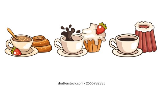 Morning breakfast dessert cup of coffee and cupcake isolated logo sticker design element