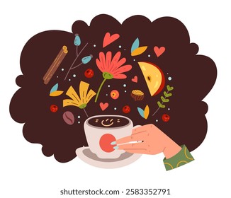 Morning breakfast dessert cup of coffee and cupcake isolated logo sticker design element