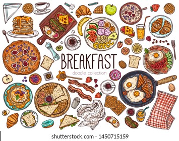 Morning breakfast dishes hand drawn illustrations set. Pancakes in plate, doughnut doodles pack. Juice glass, coffee and tea cups sketches. Fried eggs, bacon and bread in pan vector drawings