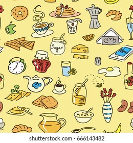 Morning breakfast doodle colored vector seamless pattern. sketch. Bread, butter, snack, food, milk, toast, jam, cereal, coffee, croissant donut drink tea For menu tags label cafe fastfood