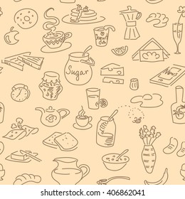 Morning breakfast doodle seamless pattern vector set.