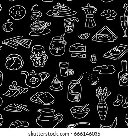 Morning breakfast doodle seamless pattern on black. Chalk board style. sketch