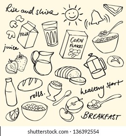 Morning breakfast doodle vector set