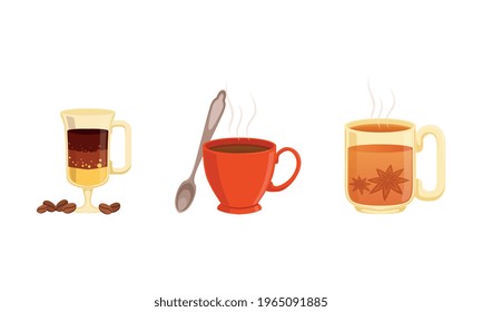 Morning Breakfast Drinks Set, Hot Aroma Beverages, Tea and Coffee Cups Cartoon Vector Illustration