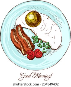 Morning breakfast with eggs,bacon and vegetables, hand drawn vector illustration