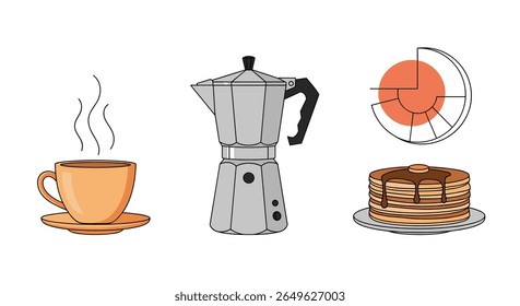 Morning breakfast essentials featuring a steaming coffee cup a stovetop moka pot coffee maker and a stack of delicious pancakes with syrup