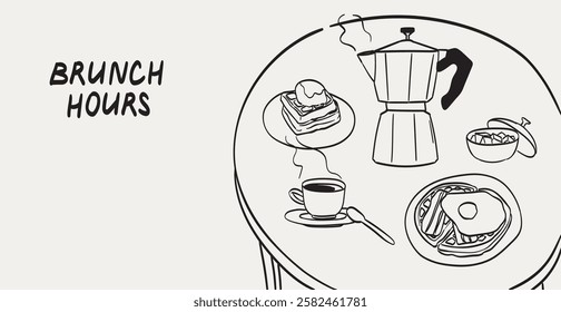 Morning breakfast food and coffee menu cover design. Business breakfast and brunch dishes poster, cafe or restaurant banner. Vintage hand drawn doodle sketch vector illustration. Line art ink style.