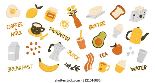 Morning   breakfast food doodle set and avocado  bacon  tea  coffee  milk  sandwich  banana  lemon  water  honey  eggs  orange juice  fruits   sweets  Hand drawn flat style vector illustration 