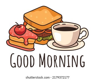 Desayuno por la mañana concepto de arte de la línea de comidas. Ilustración de diseño gráfico plano vectorial