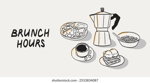 Morning breakfast food menu banner design. Business breakfast and brunch dishes poster, cafe or restaurant menu cover. Vintage hand drawn doodle sketch vector illustration. Engraved line ink style.