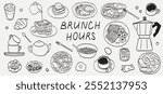 Morning breakfast food menu design. Business breakfast and brunch dishes collection for posters, cafe or restaurant menu. Vintage hand drawn doodle sketch vector illustration. Engraved line ink style.