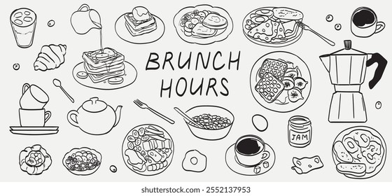 Projeto de menu de comida de café da manhã matinal. Coleção de pratos de café da manhã e brunch de negócios para cartazes, café ou restaurante. Ilustração do vetor de esboço de doodle desenhado à mão vintage. Estilo de tinta de linha gravada.