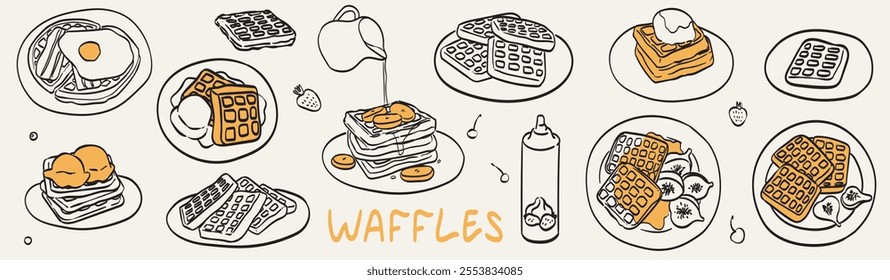 Morning breakfast food menu design. Breakfast and brunch dishes with Belgian waffles and fruits collection for posters, cafe or restaurant menu. Vintage hand drawn doodle sketch vector illustration.