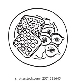 Morning breakfast food menu icon design. Breakfast and brunch dish with Belgian or Norwegian waffles and figs for poster, cafe or restaurant menu. Vintage hand drawn doodle sketch vector illustration.