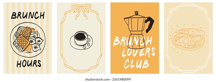 Morning breakfast food wall art design. Business brunch dishes placard or poster collection for cafe or restaurant design. Vintage hand drawn doodle sketch vector illustration. Engraved line ink style