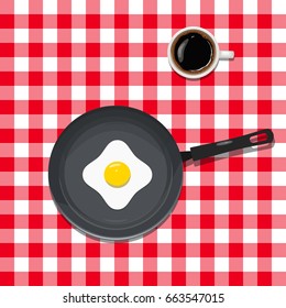 Morning breakfast - frying pan, fried eggs, cup of coffee. Vector illustration.