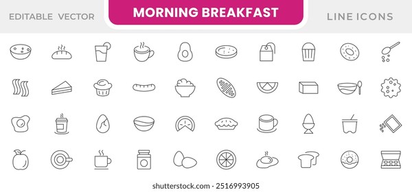 Morning breakfast line icon set. Breakfast, morning food, drinks, toast, scrambled eggs, rise, early feast, fried egg, peanut line icon set. UI thin line icon pack.