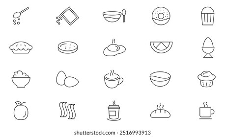 Morning breakfast line icon set. Breakfast, morning food, drinks, toast, scrambled eggs, rise, early feast, fried egg, peanut line icon set. UI thin line icon pack.