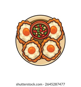 Manhã café da manhã poached ovo com ilustração digital molho de pimenta, ilustração desenhada à mão vetor, Fresh delicioso ovo poached arte digital