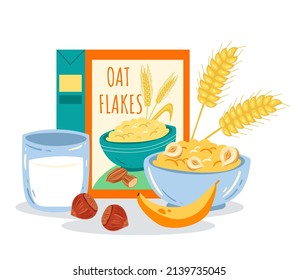 Morning breakfast porridge with milk, banana and nuts. Vector flat graphic design cartoon illustration
