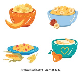 Morning breakfast porridge with milk, banana and nuts. Vector flat graphic design cartoon illustration