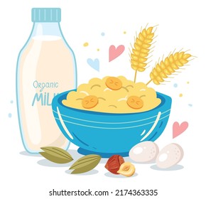 Morning Breakfast Porridge With Milk, Banana And Nuts. Vector Flat Graphic Design Cartoon Illustration