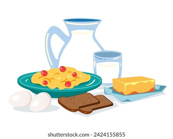 Morning breakfast porridge with milk, banana and nuts. Vector flat graphic design cartoon illustration
