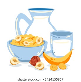 Morning breakfast porridge with milk, banana and nuts. Vector flat graphic design cartoon illustration