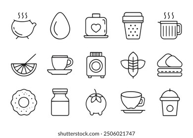 
Morning breakfast related doodles such as avocado, toast, egg, coffee, milk, water, honey, butter concept related 15 pcs icons set isolated on white background flat vector illustration.