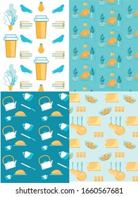 Morning Breakfast, Rest on Break Time. Seamless Pattern Set with Kettle, Knife, Cup, Bread, Toaster, Fritters Donuts, Frying Pans, Armchair, Lamp, Flower, Takeaway Coffee, Books. Vector Illustration