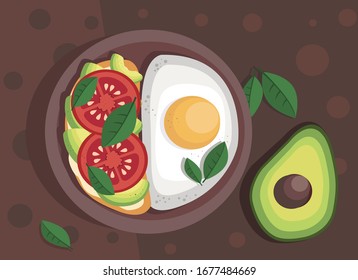 desayuno con huevos revueltos, pan y mantequilla, aguacate, tomates y Basil
