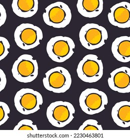 Morning breakfast seamless pattern with delicious fried eggs in cartoon style. Vector background with a lot of scrambled eggs. Suitable for wallpaper, wrapping paper, fabric design