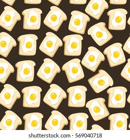 Morning breakfast seamless pattern with egg sandwich in flat style on brown background . Vector illustration 