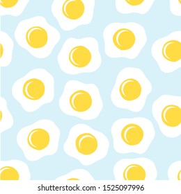 Morning breakfast seamless pattern with fried eggs. Cartoon illustration on blue background. Vector background for textile scrapbooking, wallpaper design