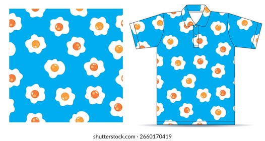 Patrón de desayuno de la mañana sin fisuras con huevos fritos. Ilustración de dibujos animados sobre fondo azul. Fondo de Vector para scrapbooking textil, diseño de Fondo de pantalla