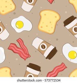 Morning breakfast seamless pattern with scrambled eggs, coffee, toast and bacon. Cartoon illustration on a brown background. Vector illustration.