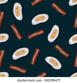 Morning breakfast seamless pattern with scrambled eggs and bacon. Cartoon illustration on a dark background. Vector illustration.