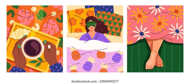 Morning and breakfast set. Woman sleeps on pillows in bed under cozy blanket. Awakening, dreams, relaxation concept. Posters with female character, coffee and croissant. Cartoon flat vector collection