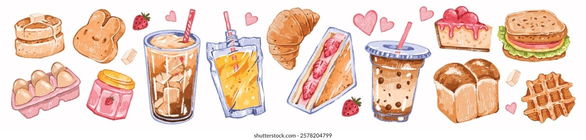 Morning breakfast snack set, colorful pencil food vector illustration, hand drawn wax crayon texture. Cartoon cute lunch bakery, bubble tea to go cup, biscuit, sandwich cheat meal. Snack pencil doodle