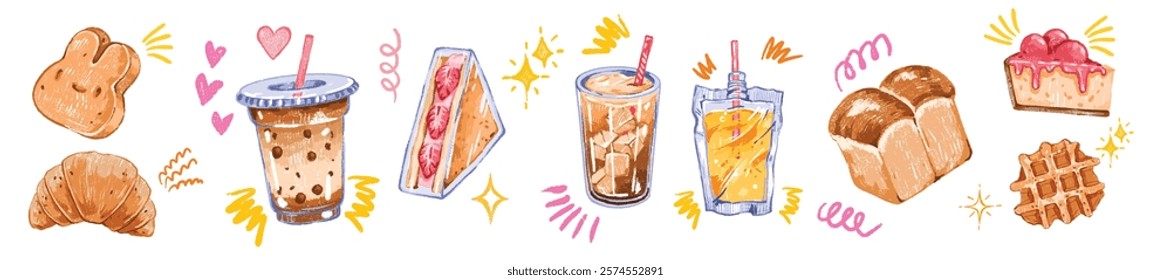 Morning breakfast snack set, vector hand drawn colorful pencil food illustration, wax crayon texture. Cartoon cute lunch bakery, bubble tea to go cup, biscuit, sandwich cheat meal. Snack pencil doodle