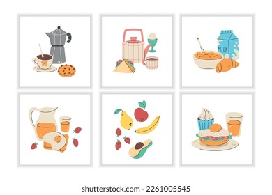 Morning breakfast snacks, tea and coffee. Doodle style croissant, egg food, bananas and porridge, healthy bowl with fruits and vegetables. Menu design elements. Vector icon garish drawing
