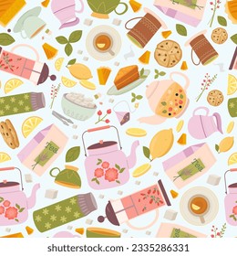 morning breakfast, tea utensils seamless pattern. cozy tea time items,cups, saucers, lemon, sweet, cake ,croissants, teapot. vector cartoon pattern