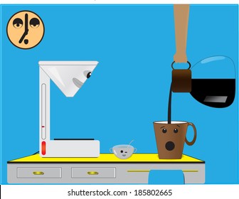 Morning Brew/Coffee mug with shocked expression as hot coffee is poured in, set  atop counter top coffee maker looking on, winking sugar bowl & sleepy wall clock in the background