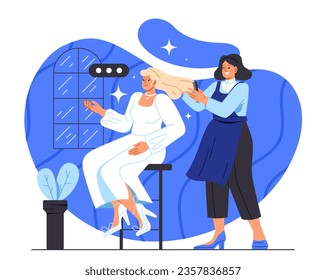 Morning bridal routine concept. Woman in white dress with stylist. Marriage ceremony. love and romance. Bride getting ready to meet her groom. Cartoon flat vector illustration