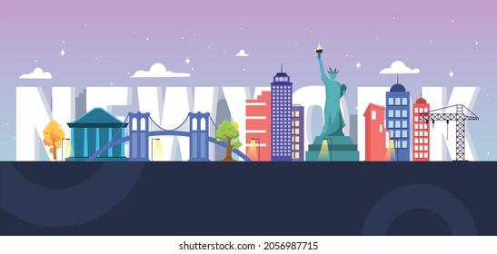 Ilustración vectorial brillante de la mañana los famosos monumentos de nueva york viajan con un fondo de fuente grande.