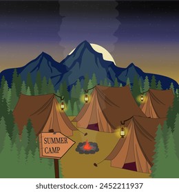 Morning camp in a forest with four tents and a campfire. Landscape view on a campsite in the mountains on summer outdoor vacation.