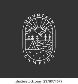 morning camp mountain badge vector illustration. mountain and tent monoline or line art style. design can be for T-shirts, sticker, printing needs