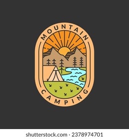 morning camp mountain badge vector illustration. mountain and tent monoline or line art style. design can be for T-shirts, sticker, printing needs